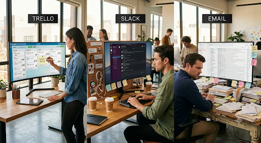Trello vs. Slack vs. Email
