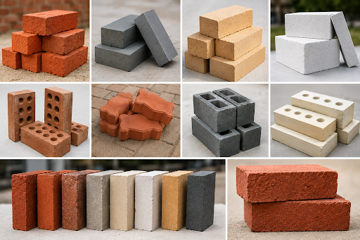 Different types of bricks used in modern residential and commercial construction.